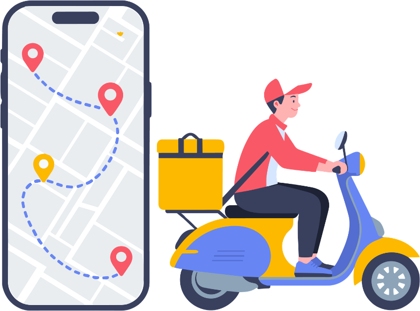 A delivery rider on a scooter beside a phone showing the route