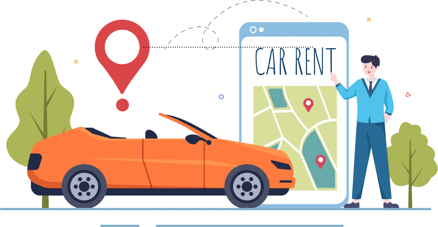 Orange convertible beside a phone showing a car rental map